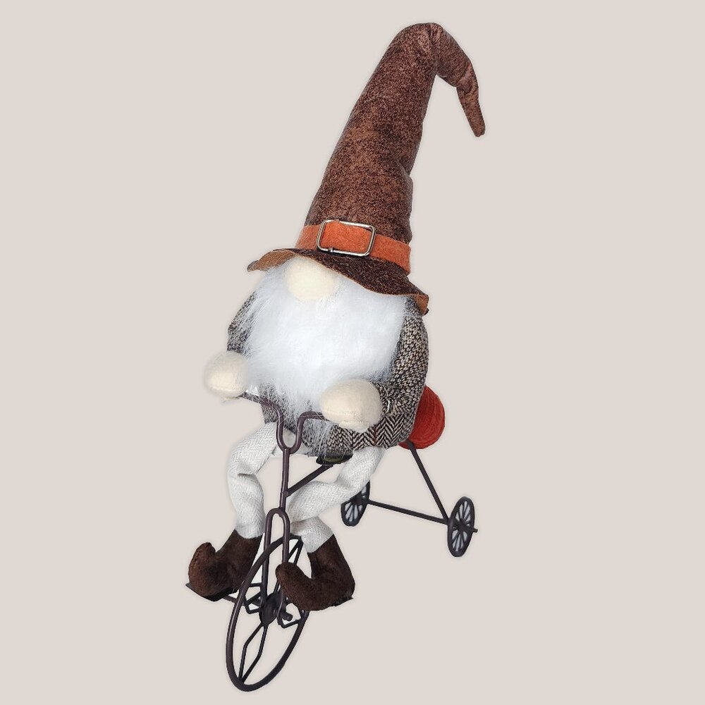 THANKSGIVING GNOME Riding a Bicycle w/ Felt Plush Orange Pumpkin on Bike